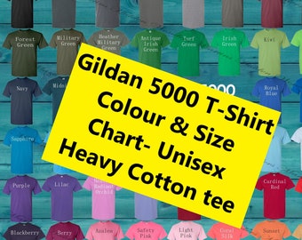 May include: A chart showing the color and size options for Gildan 5000 T-shirts. The chart features a variety of colors, including red, blue, green, yellow, and pink. The text "Gildan 5000 T-Shirt Colour & Size Chart - Unisex Heavy Cotton tee" is displayed in a yellow box.