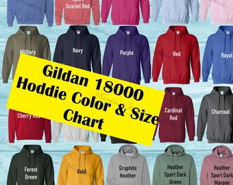 Gildan 18500 Hoodie Heavyweight Blend Unisex Adult Color Chart/ Colour Chart & Size Chart Template High Quality