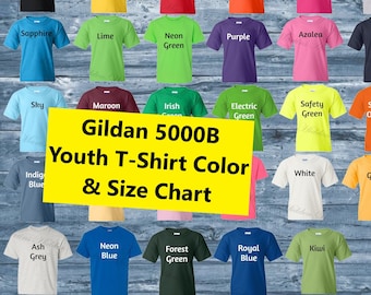 Gildan 5000B Tabla de colores de camiseta juvenil y plantilla de gráfico de tamaño de alta calidad