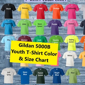 Gildan 5000B Youth T-Shirt Colour Chart & Size Chart Template High Quality