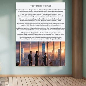 May include: A motivational quote about power and ambition, set against a backdrop of a city skyline at sunset. Three men in suits stand in a glass-walled office, looking out at the view. The quote reads: "The Threads of Power. In halls of glass and sharpened steel, Where whispered deals and truths conceal, A kingdom built on suits and ties, Where justice bends, where honour dies."