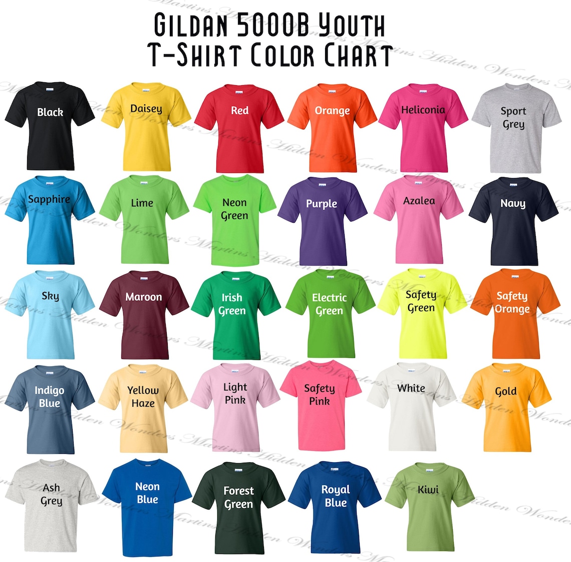 Gildan 5000B Youth T-shirt Colour Chart & Size Chart Template High ...
