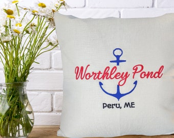 Custom Embroidered Anchor Pillow (w/ Insert) for Boat, Beach House. Zippered Closure. Durable Fabric.