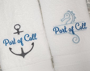 Custom Embroidered Boat Hand Towel Featuring an Anchor or Seahorse
