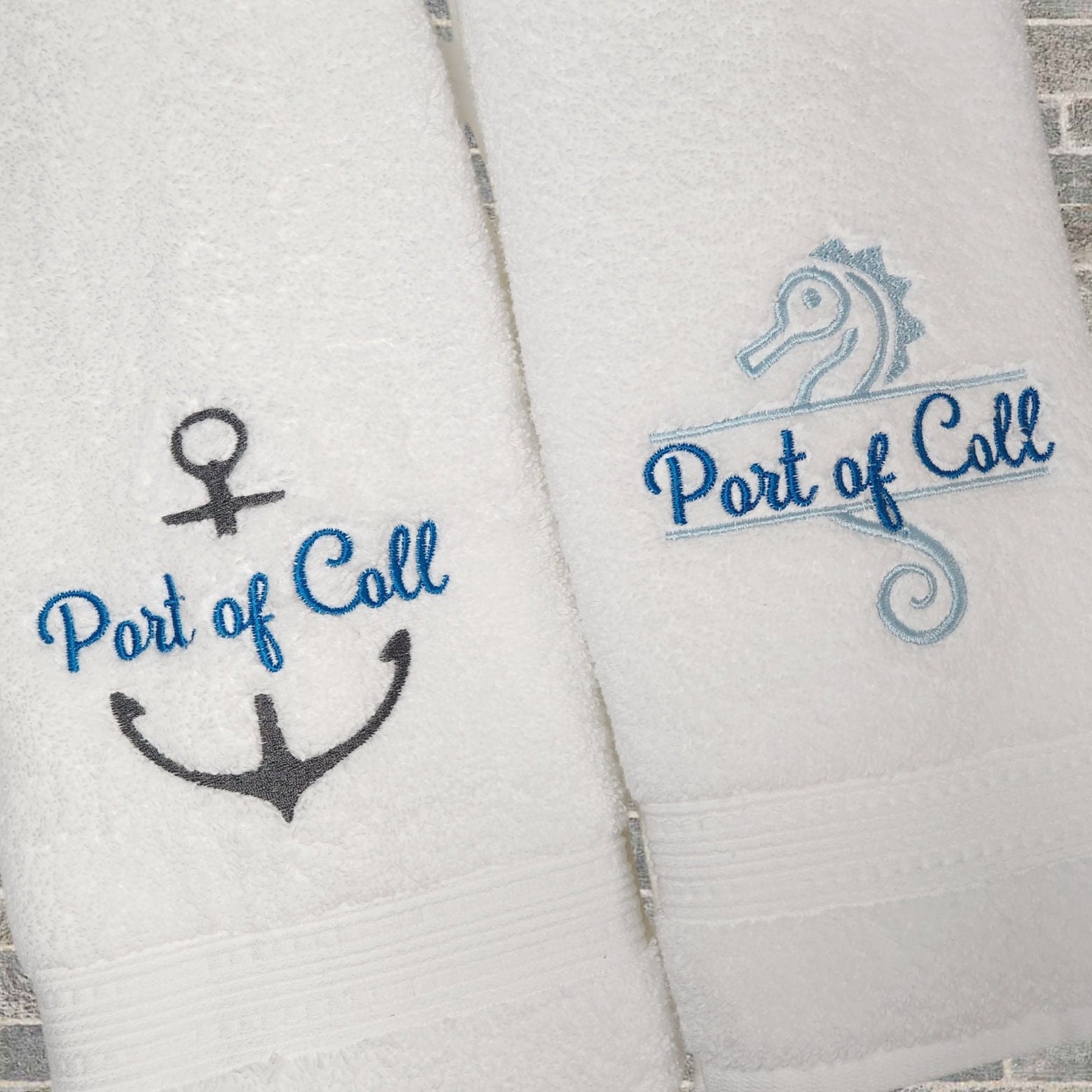 Custom Embroidered Boat Hand Towel Featuring an Anchor or Seahorse