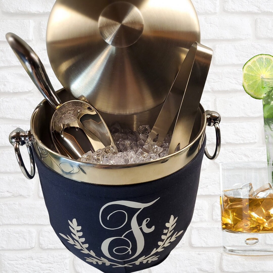 Personalized Ice Bucket With Lid, Tongs & Scoop. Custom W/ Monogram or