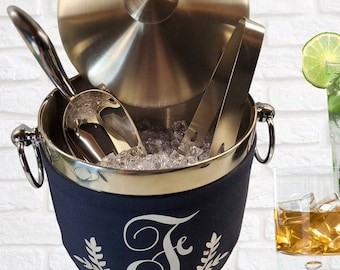 Personalized Stainless Steel Ice Bucket with Lid, Tongs & Scoop