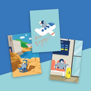 Set di cartoline: Modalità vacanza / Illustrazione di un simpatico pinguino / Stampa artistica