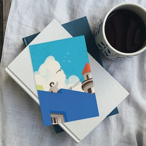 Postkarte: Auf dem Dach | Niedliche Pinguin-Illustration | Kunstdruck