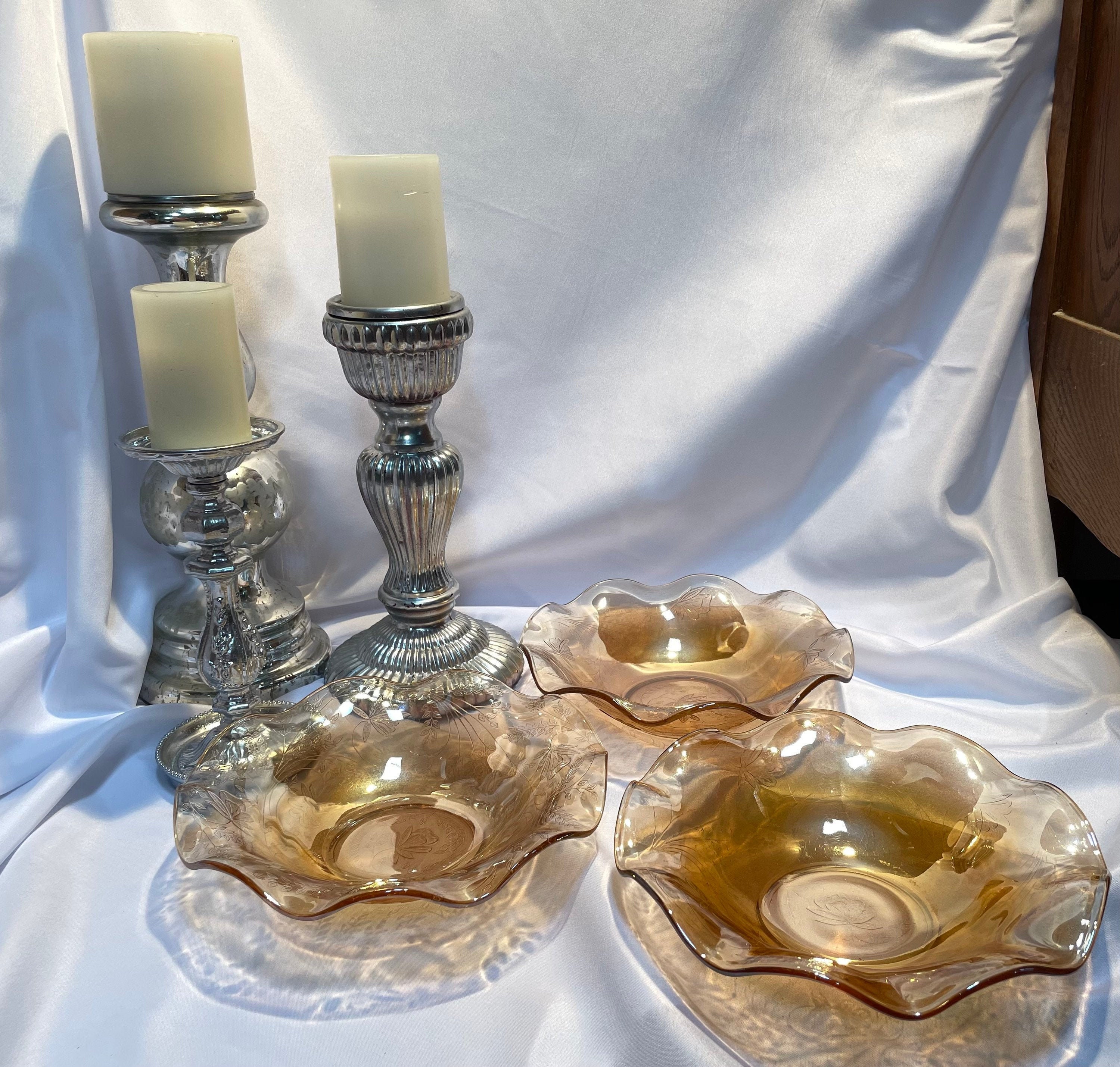Amber Fluted Edge Depression Glass Bowl with Flower Pattern Etsy