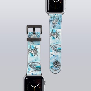 Sea Animals Watch Band, Marine Life Apple Watch Strap, Starfish Whale Ocean Vegan Leather Watch Band 38mm 40mm 42mm 44mm SE Series 3 4 5 6