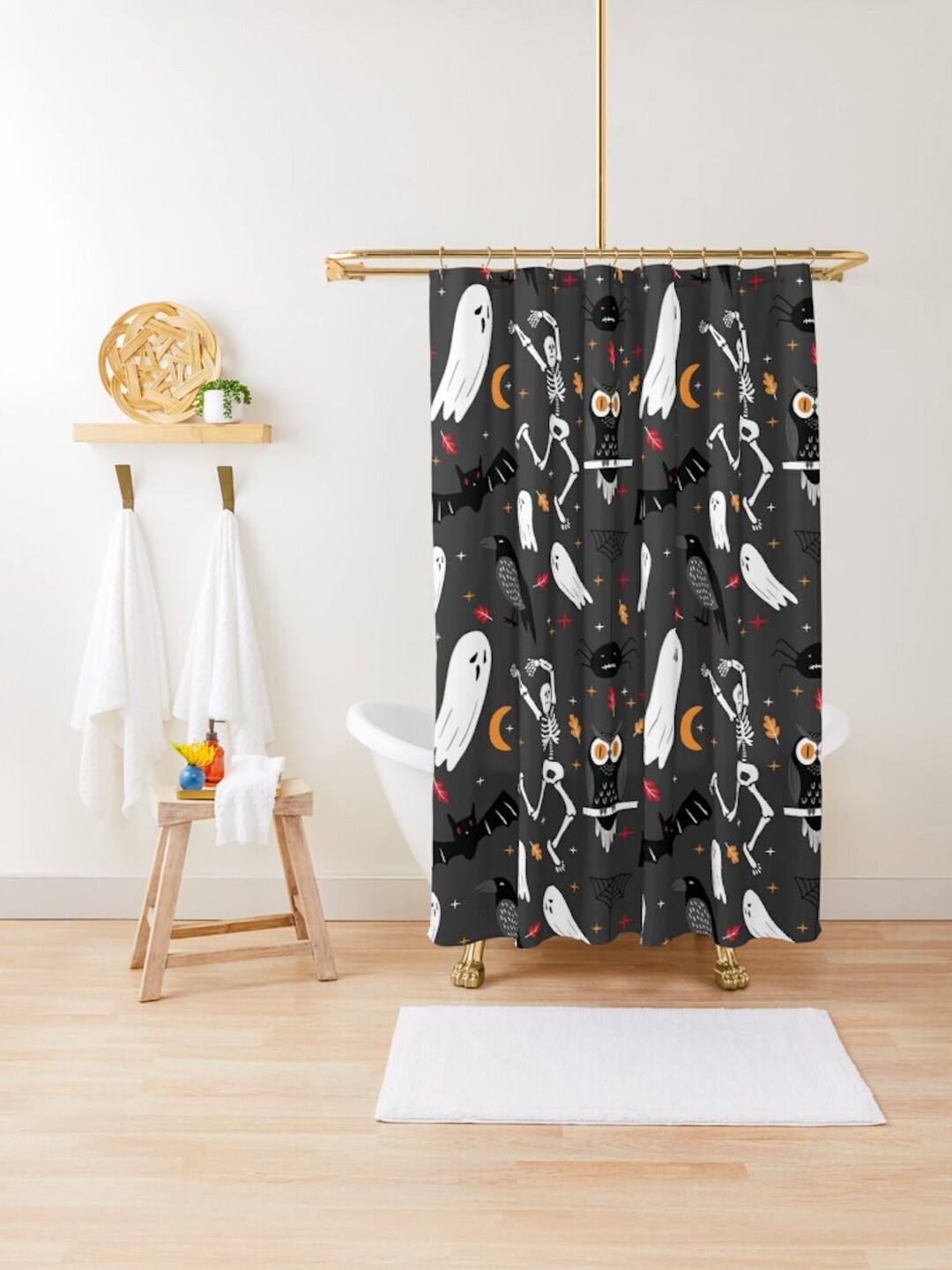 Halloween Shower Curtain Spooky Skulls Ghosts Shower Etsy UK