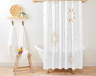 Boho Shower Curtain | Sun and Stars Shower Curtain, Astrology Zodiac Bohemian Bath Curtain, Bohemian Bathroom Decor