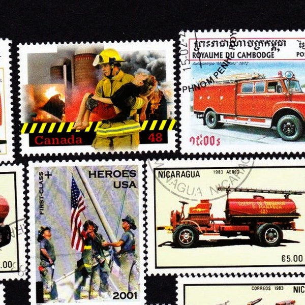 9 FIREMEN RESCUING CHILD Vintage World Postage Stamps, Makes a Great Framed Gift for Your Favorite Fireman! Collectors Set 9FRMD