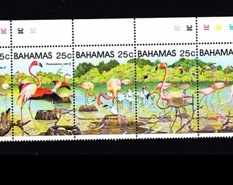 5 SCARCE BAHAMAS NEUWERTIG mit Webkante Lovely Tropical Flamingos 1980's 5BAHSEL