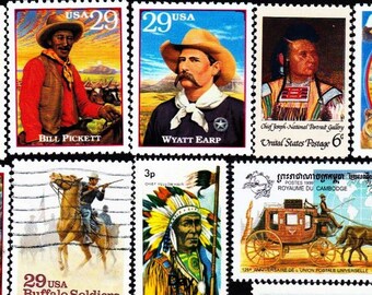 21 COWBOYS INDIANS Wild WEST Büffel Planwagen Postkutsche Vintage Gebraucht Einige Mint World Briefmarken Sammler Set 21CWINM