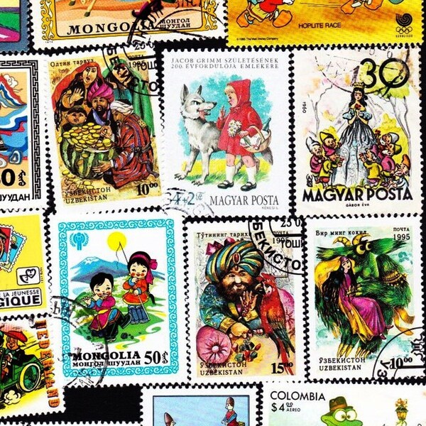 20 CARTOONS and CHILDRENS STORIES Vintage World Postage Stamps Collector Set Stamp Art Story Cards 20CTNSB