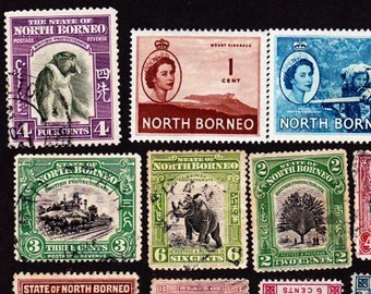 12 ZELDZAME NOORD-BORNEO Vintage gebruikte en mint postzegels begin 1900 Collector Stamp Art NB12B