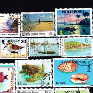 20 Beach Vacation Memories  Sea and Shore Scenes Vintage Used Cancelled Stamps Collector Set  Ideal for travel Journals  20BVMB