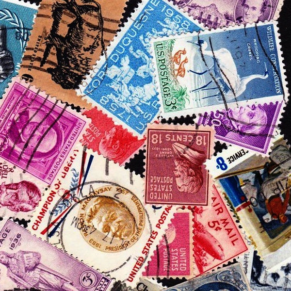 25 UNITED STATES STAMPS  All Different Vintage Used Cancelled Postage Collectors Budding Stamp Collector Gift, Stamp Art 25USVA
