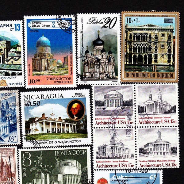 20 WORLD ARCHITECTURE Famous BUILDINGS of the Past Vintage Used World Postage Stamps Collector Set Stamp Art Journaling 20ARCHB