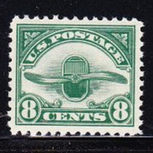 RARE US AIRMAIL Stamp Vintage 1918 8c Hölzerner Propeller und Heizkörper Unbenutzt ohne Scharnier Scott # C4