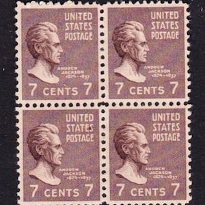 SCARCE US 1938 Vintage 7c ANDREW JACKSON Präsidentschaftsausgabe Schöner unbenutzter Block mit 4 Briefmarken P19387