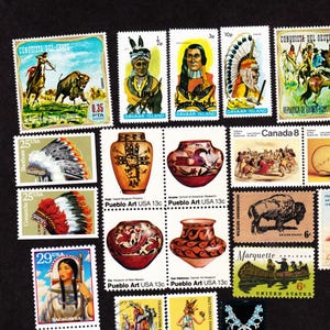 May include: A collection of various postage stamps featuring illustrations of Native American figures, traditional pottery, wildlife, and historical scenes. The stamps display diverse colors, intricate patterns, and text including USA, Canada, and Davaar Island.