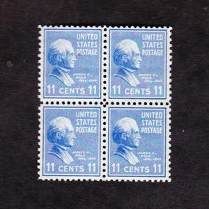 May include: A block of four vintage United States postage stamps. Each stamp features a blue portrait of James K. Polk, the text "UNITED STATES POSTAGE", and the denomination "11 CENTS". The stamps are arranged in a 2x2 grid.