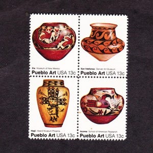 1977 Pueblo Pottery Stamps, Unused Block of 4, American Folk Art