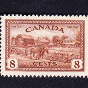 SELLO ESCASO DE CANADÁ 8 centavos Sello vintage de 1946 Escena agrícola Nuevo sin bisagra 1946CAN8AA