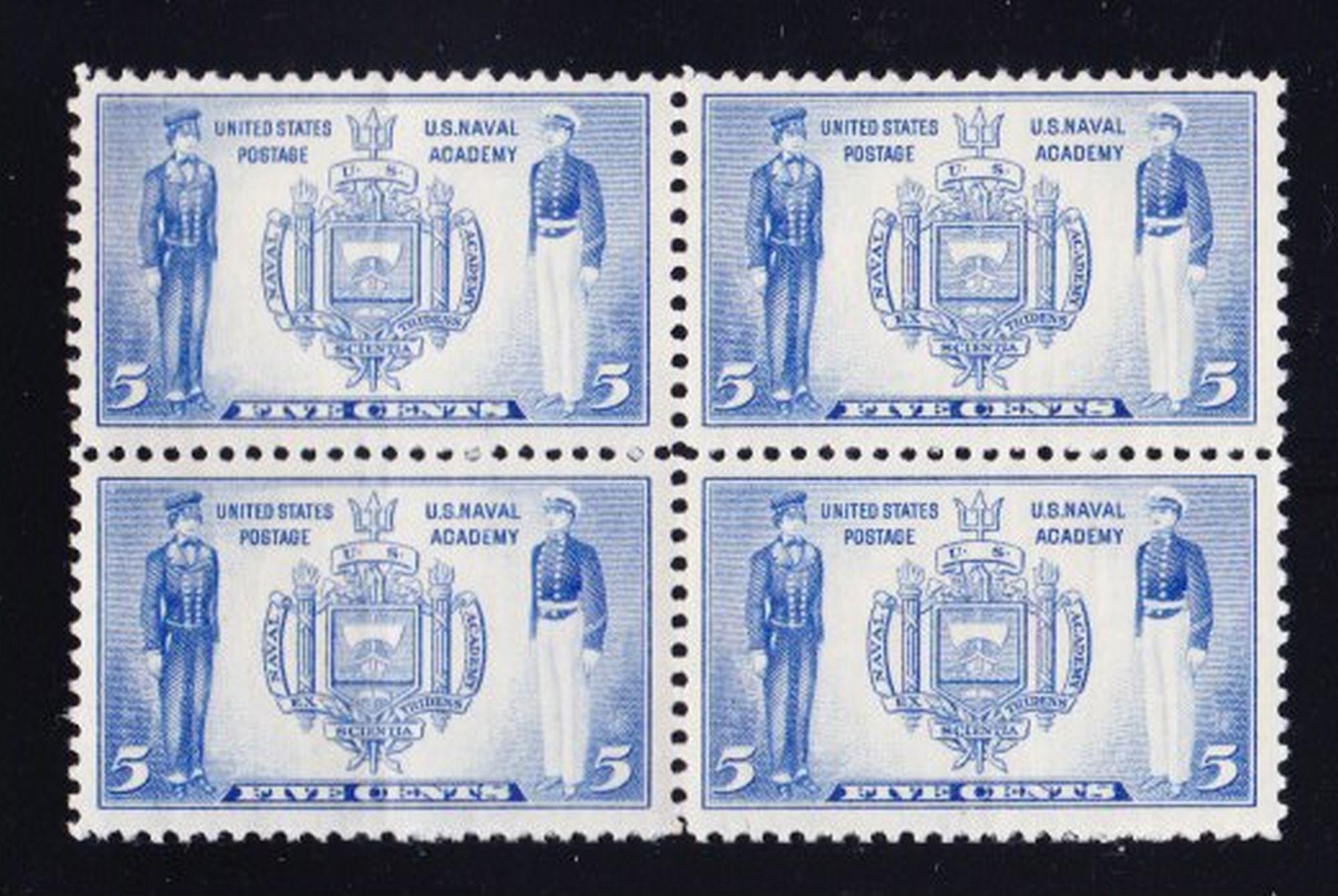 SCARCE U S 1937 Vintage  5c U S NAVAL Academy ANNAPOLIS Beautiful Unused Block of 4 Stamps AN37A