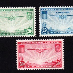 SELTENE US AIRMAIL Briefmarken Vintage 1935 25c Klipper Schiff Flugzeug Briefmarken Unbenutzt echt und sehr begehrenswert ohne Scharnier Scott # C20-22