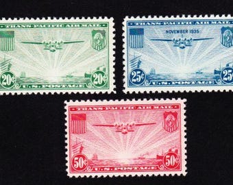 SCARCE U S AIRMAIL Stamps Vintage 1935 25c Clipper Ship Airplane Stamps Unused Genuine and Very Desirable Never Hinged Scott # C20-22
