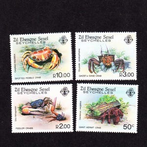 4 sellos postales antiguos escasos de SEYCHELLES Cangrejos Vida marina de 1984 Hermoso artículo de colección 4MSELC