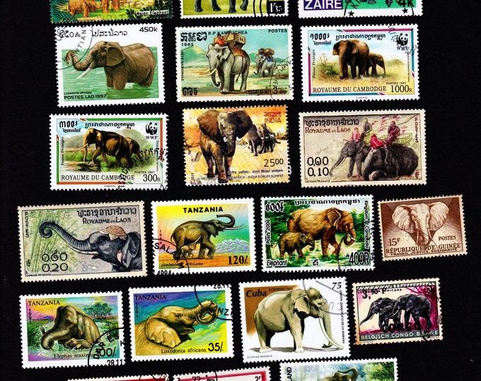 20 ELEPHANT Vintage Used Postage Stamps Collector Decoupage Crafts Home
