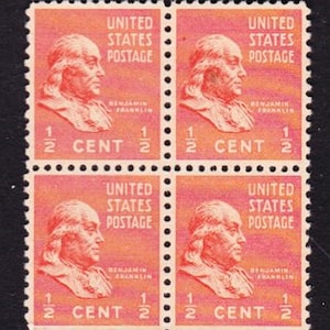 ESCASSO EUA 1938 Vintage 1/2c BENJAMIN FRANKLIN Edição Presidencial Belo Bloco de 4 Selos Não Utilizados P1938