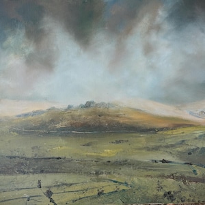May include: An oil painting of a landscape featuring rolling hills in shades of olive green and muted brown under a dramatic, cloudy sky with dark gray and light blue tones. The foreground shows flat fields with visible brushstrokes and textures.
