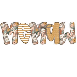 May include: The word "MOM" in a whimsical font, decorated with floral patterns, stripes, and a bow. The letters are in shades of brown, gold, and white, with a gray outline. The bow is gray.
