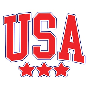 May include: A graphic design featuring the letters USA in a bold, red, block-style font with a thin blue outline. Below the text are three solid red five-pointed stars, each outlined in blue, arranged in a horizontal row against a white background.