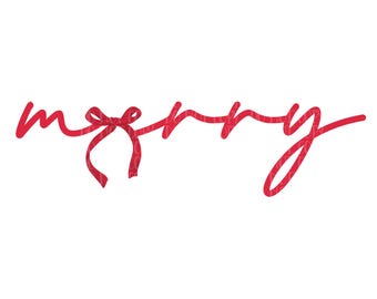 May include: Red script text that reads "merry" with a bow in the center. The word is written in a flowing, cursive style, with the bow adding a decorative element. The background is plain white.