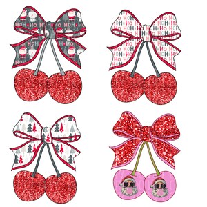 May include: Four Christmas-themed cherry designs. Each design features a pair of red glitter cherries with a decorative bow. The bows have different patterns, including Santa Claus, the text "HO HO HO", and Christmas trees. The cherries have a pink background with Santa Claus wearing sunglasses.