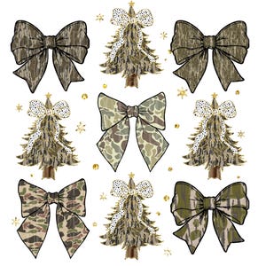 Può includere: Una collezione di elementi decorativi natalizi, tra cui fiocchi e alberi di Natale con motivi mimetici. Gli alberi sono adornati con dettagli dorati e sormontati da stelle. Coriandoli dorati e fiocchi di neve sono sparsi intorno ai disegni.