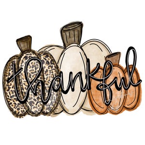 May include: A digital illustration of pumpkins in shades of brown, cream, and orange. The word "thankful" is written in a black script across the pumpkins. One pumpkin has a leopard print pattern.