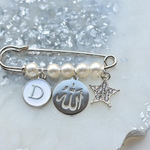 Personalised Pearl Allah, Star, Initial, Baby Clothing Pin, Baby Protection, Keepsake, New Baby, Mum to Be, Brooch, Muslim, Islamic gift