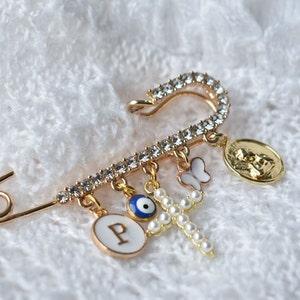 Personalised Diamanté Pearl Christian Cross, Evil eye,  Guardian Angel, Baby Stroller Pin, Baptism Gift, Christening Gift, Baby Gifting pin