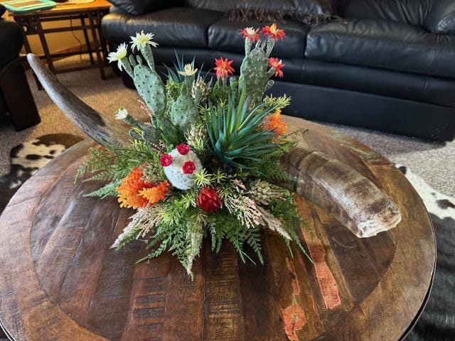 Cow horn centerpiece, western arrangement, cactus, succulents