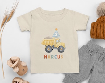 Chemise anniversaire construction avec nom, chemise personnalisée pour tout-petit, tenue de fête camion à benne basculante pour enfants