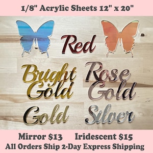 Mirror and Iridescent Acrylic Sheets (1/8&quot;) - CO2 Laserable  - Glowforge Pro and Plus 12&quot;x20&quot;