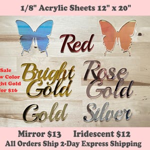 Mirror and Iridescent Acrylic Sheets (1/8&quot;) - CO2 Laserable  - Glowforge Pro and Plus 12&quot;x20&quot;